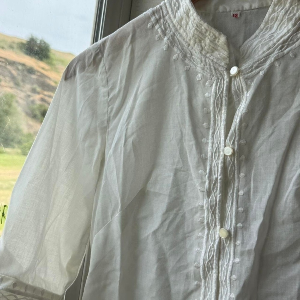 white embroidered button front tunic shirt womens S semi sheer resort vacation